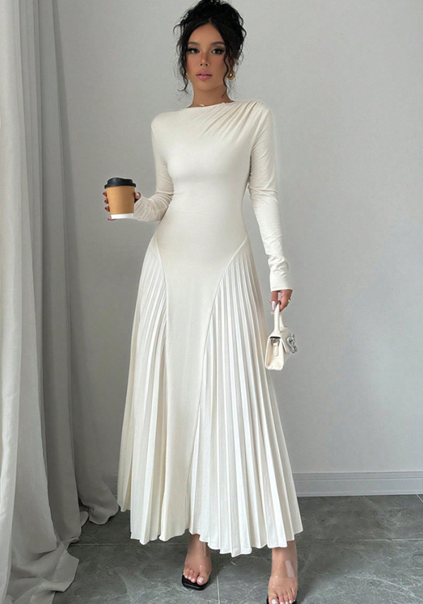 Women Long-Sleeved Knitting Pleated Elegant Maxi Dress