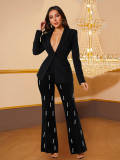 Women Pearl Long-sleeved Autumn Blazer and Pant Two-Piece Set