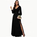 Women V-Neck Long-Sleeve Slash Solid Maxi Dress
