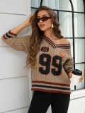 Women's Autumn Winter Loose Basketball Knitting V-Neck Sweater