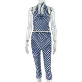 Women Polka Dot Printed Halter Neck Top and Pant Two-Piece Set