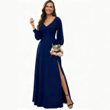 Women V-Neck Long-Sleeve Slash Solid Maxi Dress