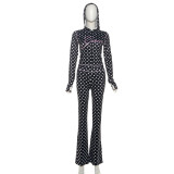 Women's Autumn Winter Polka Dot Letter Print Sexy Crop Hoodie and Pants Set
