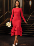 Women African Round Neck Long Sleeve Irregular Ruffle Fishtail Party Dress