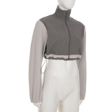 Women Sporty Stand Collar Drawstring Zipper Long Sleeve Polar Fleece Crop Jacket
