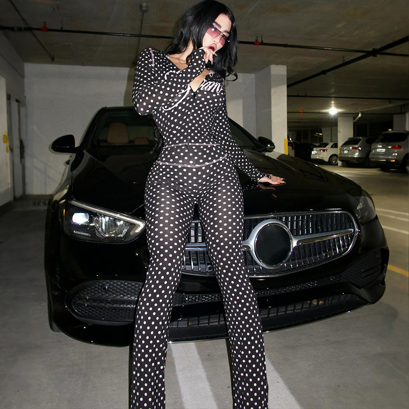 Women's Autumn Winter Polka Dot Letter Print Sexy Crop Hoodie and Pants Set