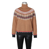 Women Autumn/Winter High-neck Jacquard Color-blocked Knitting Top Sweater