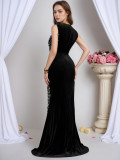 Women V-neck Rhinestone-embellished Formal Party Slit Maxi Dress