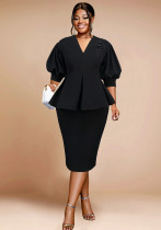 Plus Size Women Black V-Neck Puff Sleeve Ruffle Top and Skirt Two-Piece Set