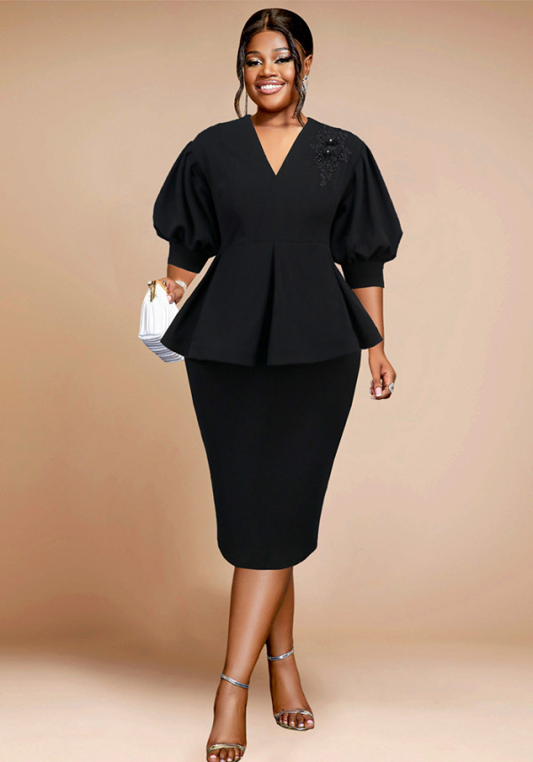 Plus Size Women Black V-Neck Puff Sleeve Ruffle Top and Skirt Two-Piece Set