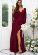 Women V-Neck Long-Sleeve Slash Solid Maxi Dress