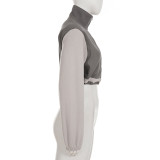 Women Sporty Stand Collar Drawstring Zipper Long Sleeve Polar Fleece Crop Jacket