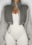 Women Sporty Stand Collar Drawstring Zipper Long Sleeve Polar Fleece Crop Jacket