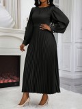 Women Waist-cinching Long-Sleeved Pleated Dress