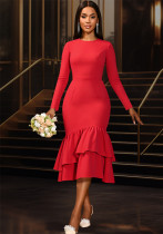 Women African Round Neck Long Sleeve Irregular Ruffle Fishtail Party Dress