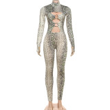 Women Autumn Sexy Hollowed-out Print Jumpsuit