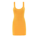 Women Summer French Style Sleeveless Solid Stretchy Waist-cinching Knitting Dress