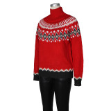Women Autumn/Winter High-neck Jacquard Color-blocked Knitting Top Sweater