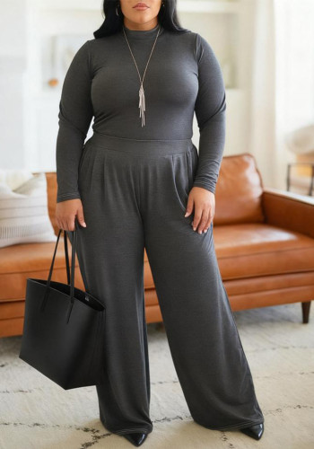 Plus Size Women Solid Top and Pant Two-Piece Set