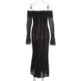 Women Autumn Lace Off Shoulder Long-Sleeved Strapless Bodycon Dress