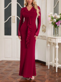 Women Mesh Long-sleeved Sexy Ruffle Edge Maxi Dress