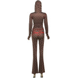 Women's Autumn Winter Polka Dot Letter Print Sexy Crop Hoodie and Pants Set