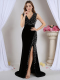 Women V-neck Rhinestone-embellished Formal Party Slit Maxi Dress