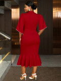 Plus Size Women Burgunry Floral Round Neck Half-Sleeve Fishtail Formal Party Dress
