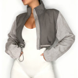 Women Sporty Stand Collar Drawstring Zipper Long Sleeve Polar Fleece Crop Jacket