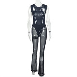 Women Sexy Solid Backless Round Neck Mesh Jumpsuit