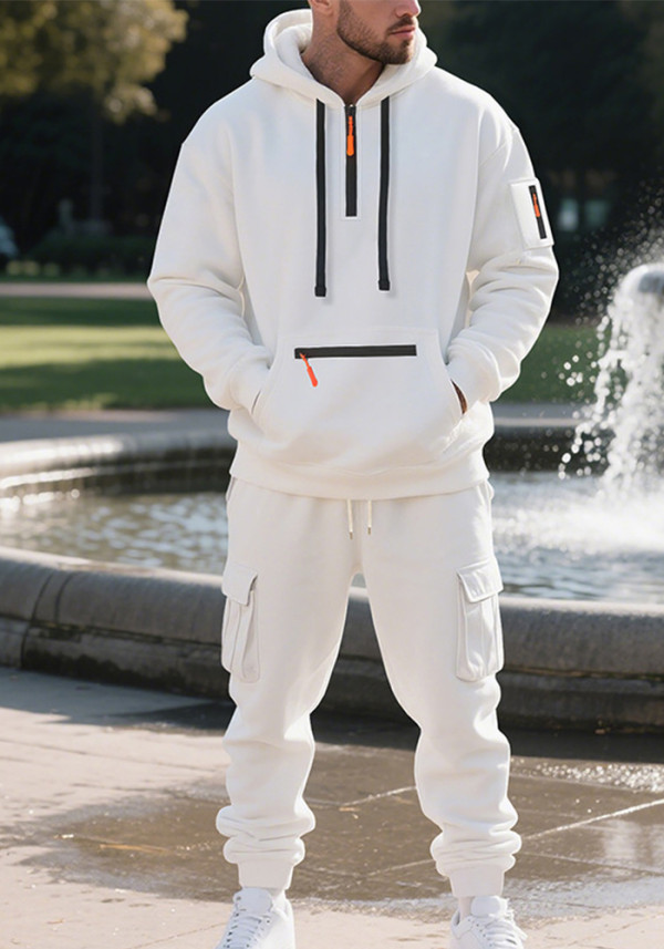 Men's Winter American Style Fleece-lined Casual Sporty Pocket Hoodies and Pant Two-Piece Set