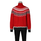 Women Autumn/Winter High-neck Jacquard Color-blocked Knitting Top Sweater