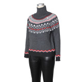 Women Autumn/Winter High-neck Jacquard Color-blocked Knitting Top Sweater