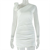 Women Solid Floral Slash Shoulder Mesh Long-Sleeve Asymmetrical Bodycon Dress