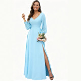 Women V-Neck Long-Sleeve Slash Solid Maxi Dress