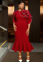 Plus Size Women Burgunry Floral Round Neck Half-Sleeve Fishtail Formal Party Dress