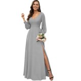 Women V-Neck Long-Sleeve Slash Solid Maxi Dress