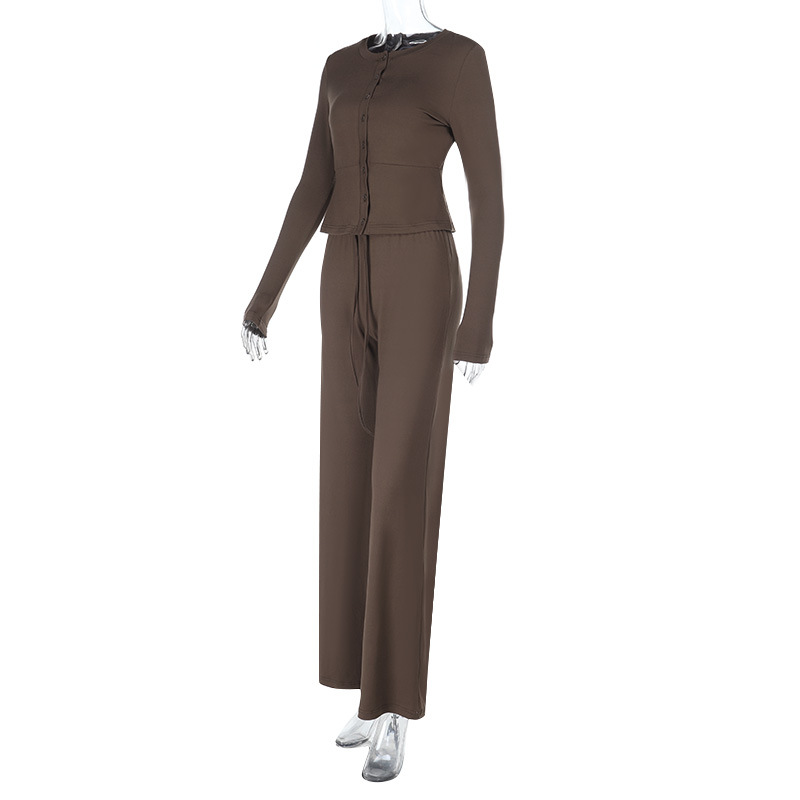 Women's Knitting Slim Waist Long Sleeve Button-Down Top High Waist Drawstring Loose Straight Leg Pants Autumn Casual Set