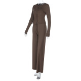 Women's Knitting Slim Waist Long Sleeve Button-Down Top High Waist Drawstring Loose Straight Leg Pants Autumn Casual Set