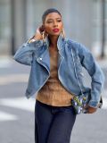 Women's Turndown Collar Zip Long Sleeve Denim Jacket