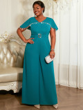 Plus Size Women Pearl Beaded V-Neck Short Sleeve Wide-Leg Jumpsuit