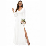 Women V-Neck Long-Sleeve Slash Solid Maxi Dress