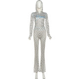 Women's Autumn Winter Polka Dot Letter Print Sexy Crop Hoodie and Pants Set