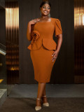 Plus Size Women Square Neck Puff Sleeve Floral Ruffle Elegant Bodycon Dress