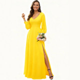 Women V-Neck Long-Sleeve Slash Solid Maxi Dress