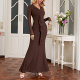Women Mesh Long-sleeved Sexy Ruffle Edge Maxi Dress