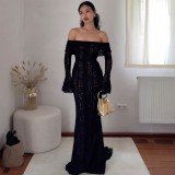 Women Autumn Lace Off Shoulder Long-Sleeved Strapless Bodycon Dress