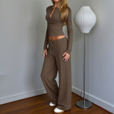 Women's Knitting Slim Waist Long Sleeve Button-Down Top High Waist Drawstring Loose Straight Leg Pants Autumn Casual Set