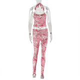 Women Printed Backless Halter Neck Top and Pants Two-Piece Set