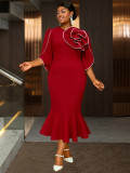 Plus Size Women Burgunry Floral Round Neck Half-Sleeve Fishtail Formal Party Dress